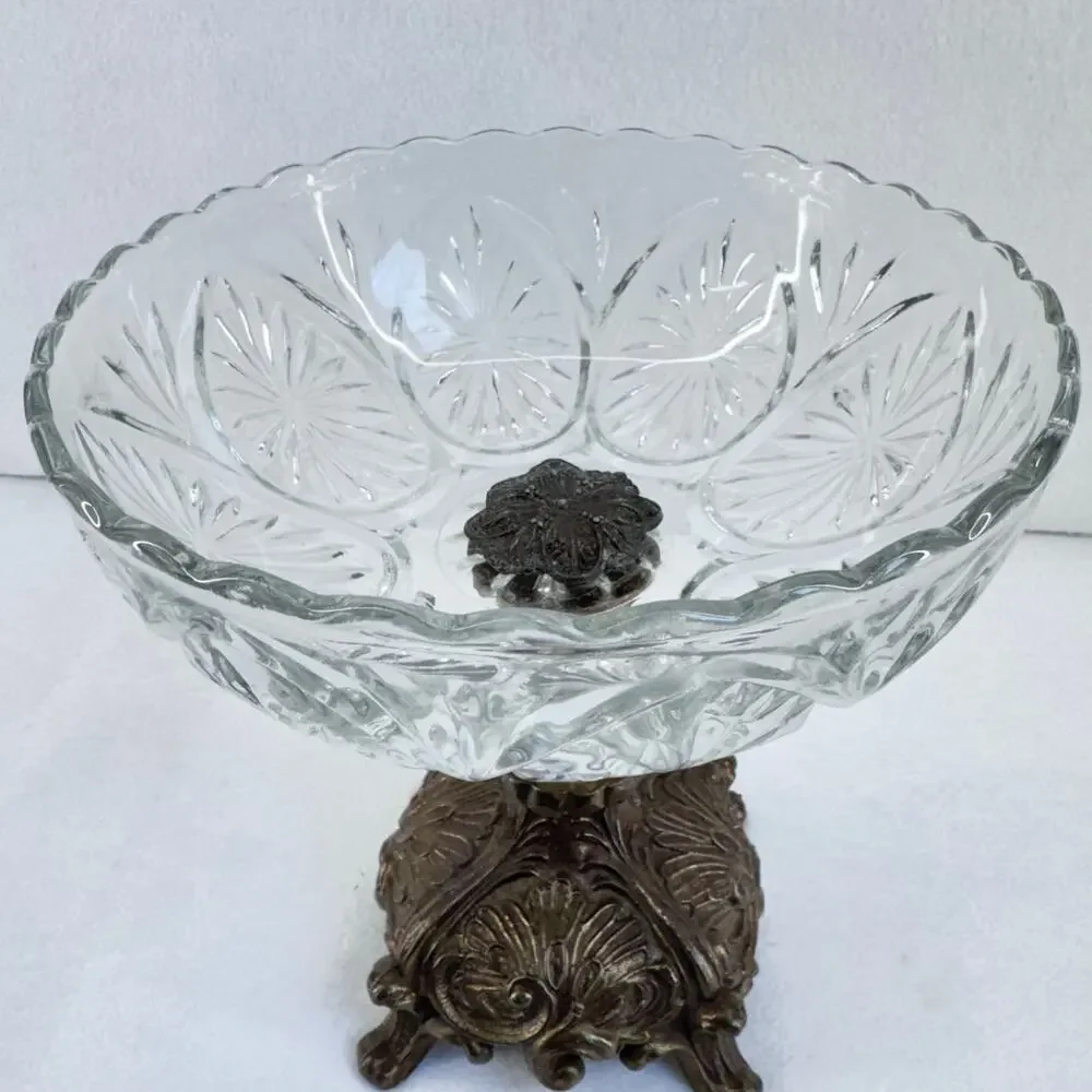 Vintage Crystal Pedestal Compote Dish with Ornate Brass Base, Candy Nut Bowl - Picture 2 of 10